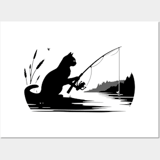 Feline Nature Lover Fishing Kitten Silhouette Cat Posters and Art